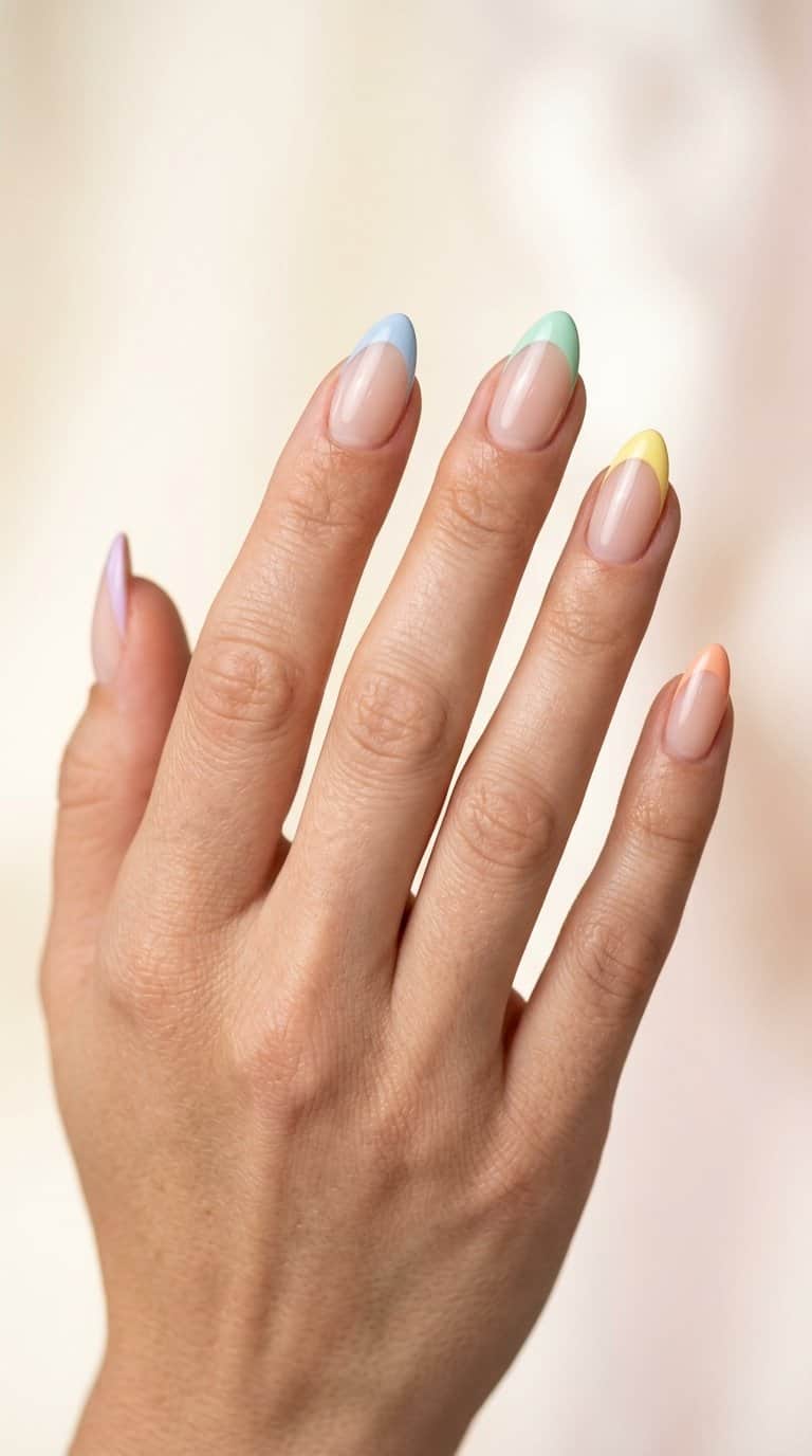 A hand with almond-shaped nails featuring pastel rainbow French tips.