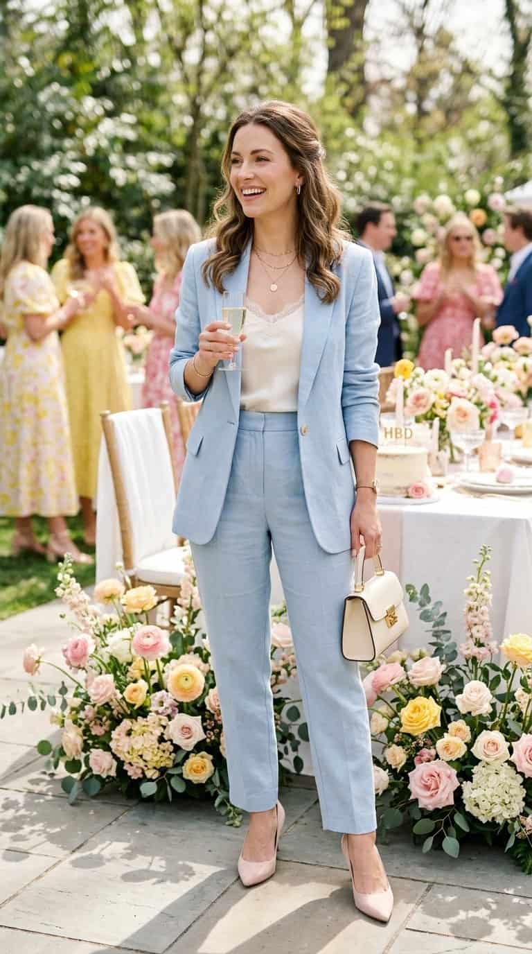 A woman in a pastel suit standing at a spring birthday celebration.