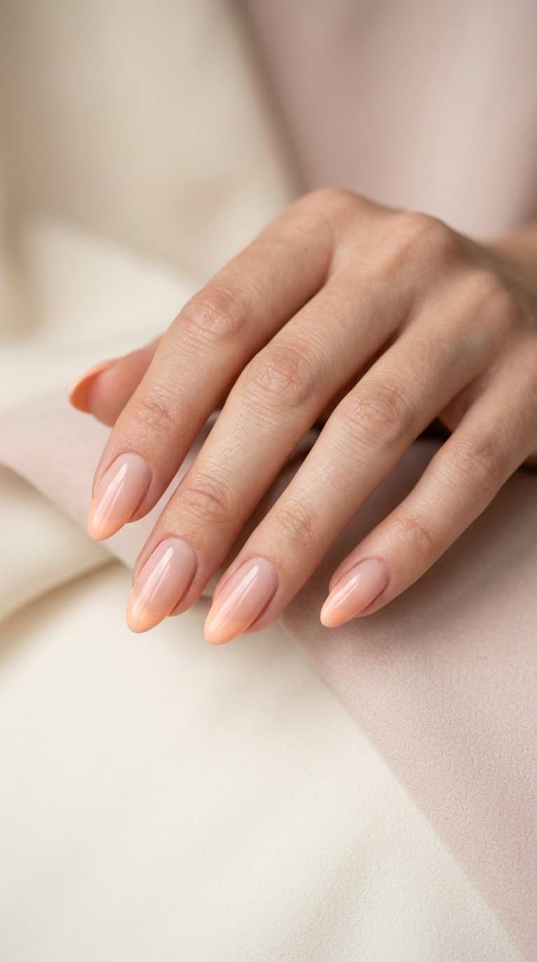 A hand displays almond-shaped nails with soft peach ombré French tips.