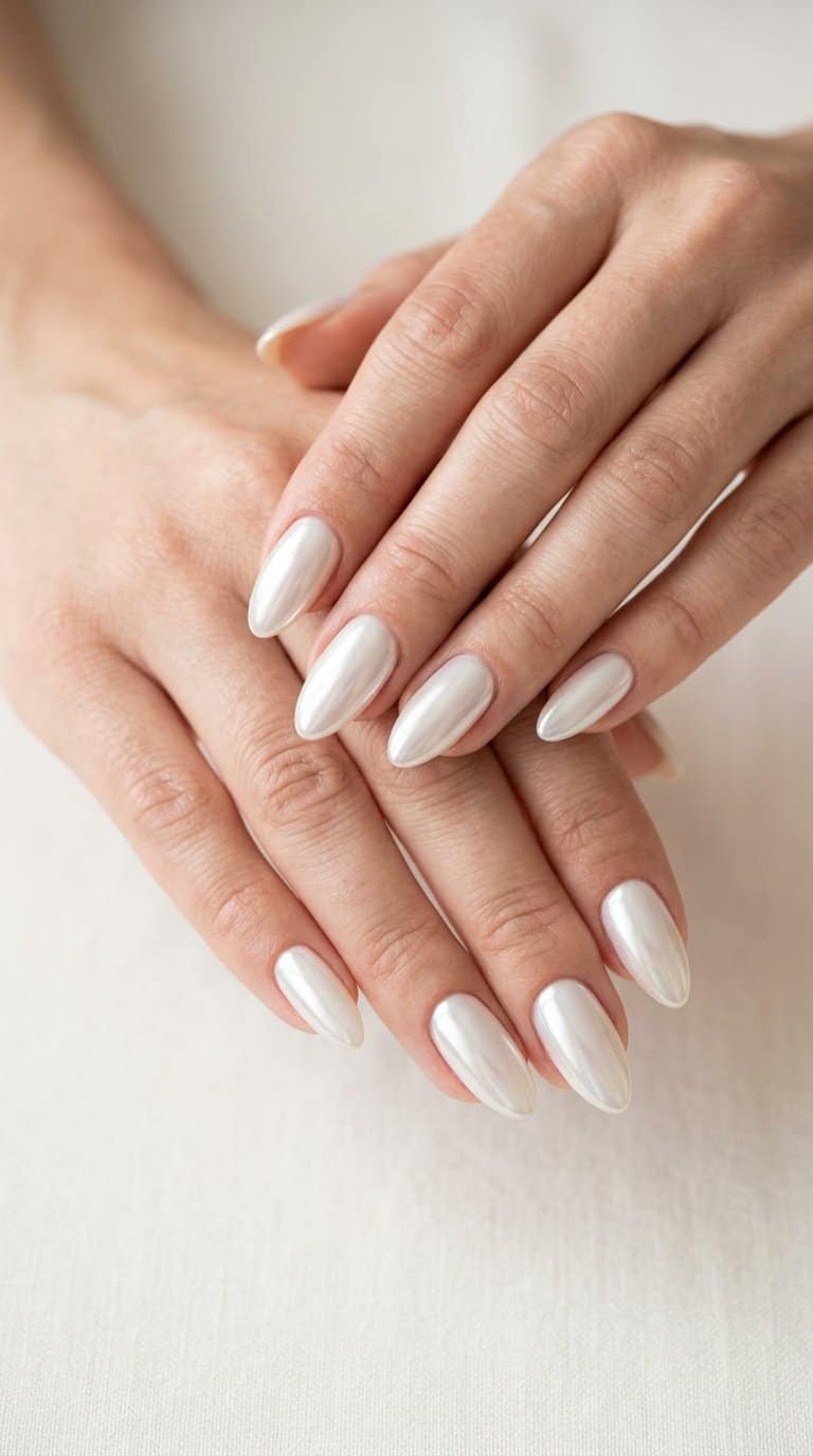 Close-up of hands with pearl white chrome glazed almond-shaped nails.