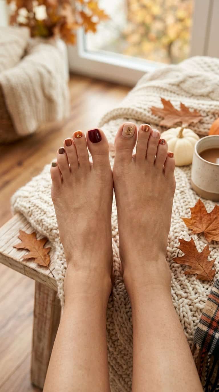 A pedicured woman’s feet display colorful autumn-inspired toenail designs on a warm textured surface.