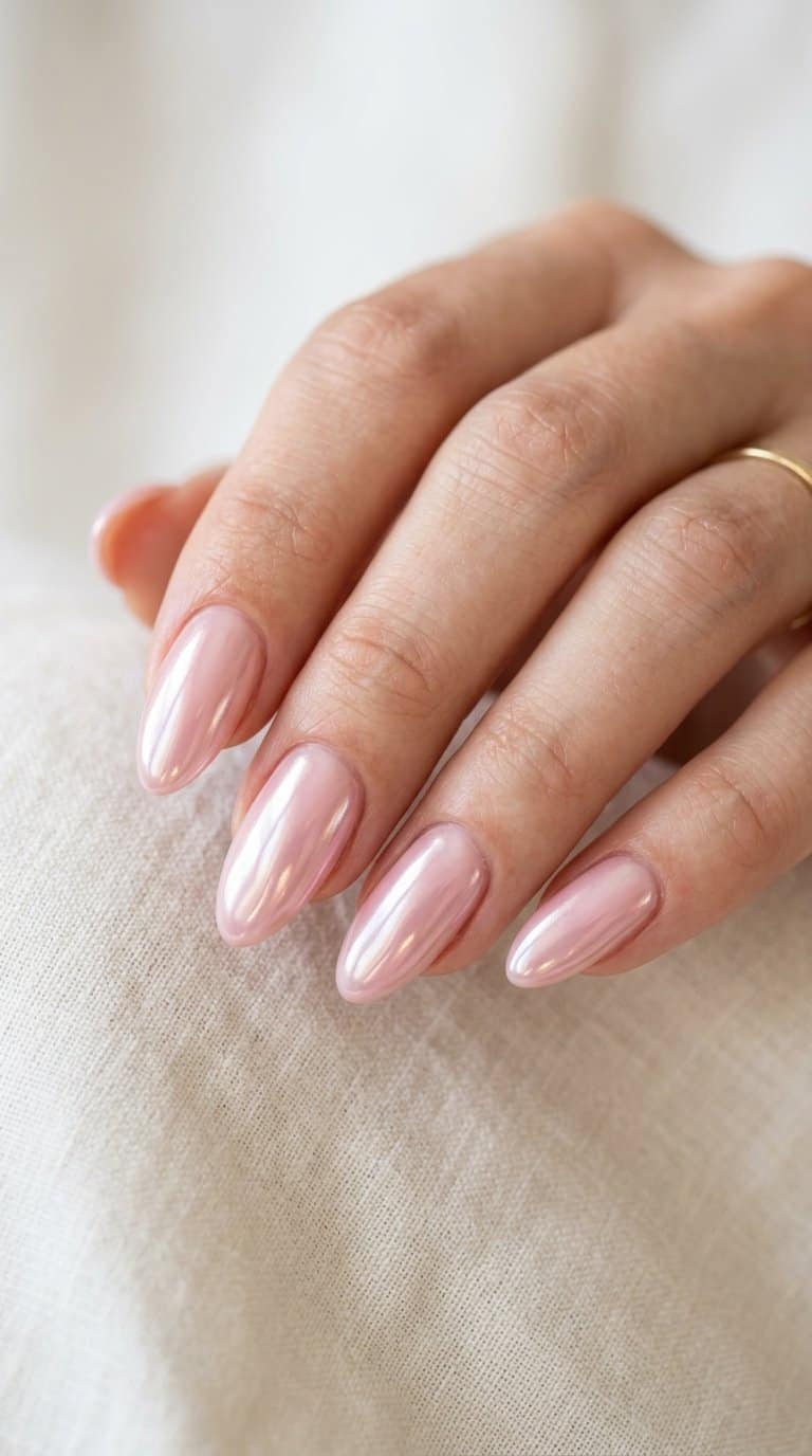 A hand with glossy pastel pink chrome almond-shaped nails resting on a light surface.