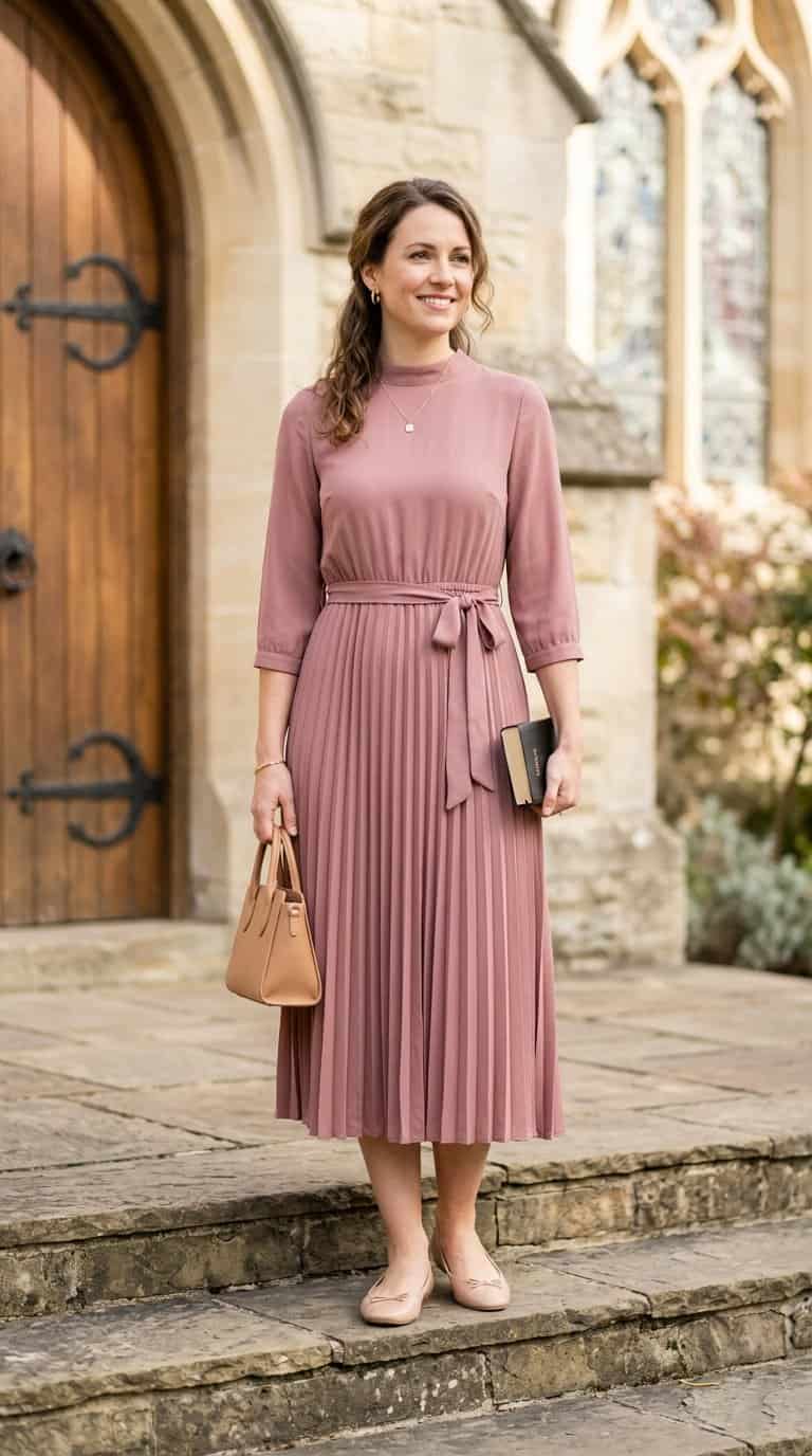 A woman in a pleated dress and ballet flats standing near a church entrance.