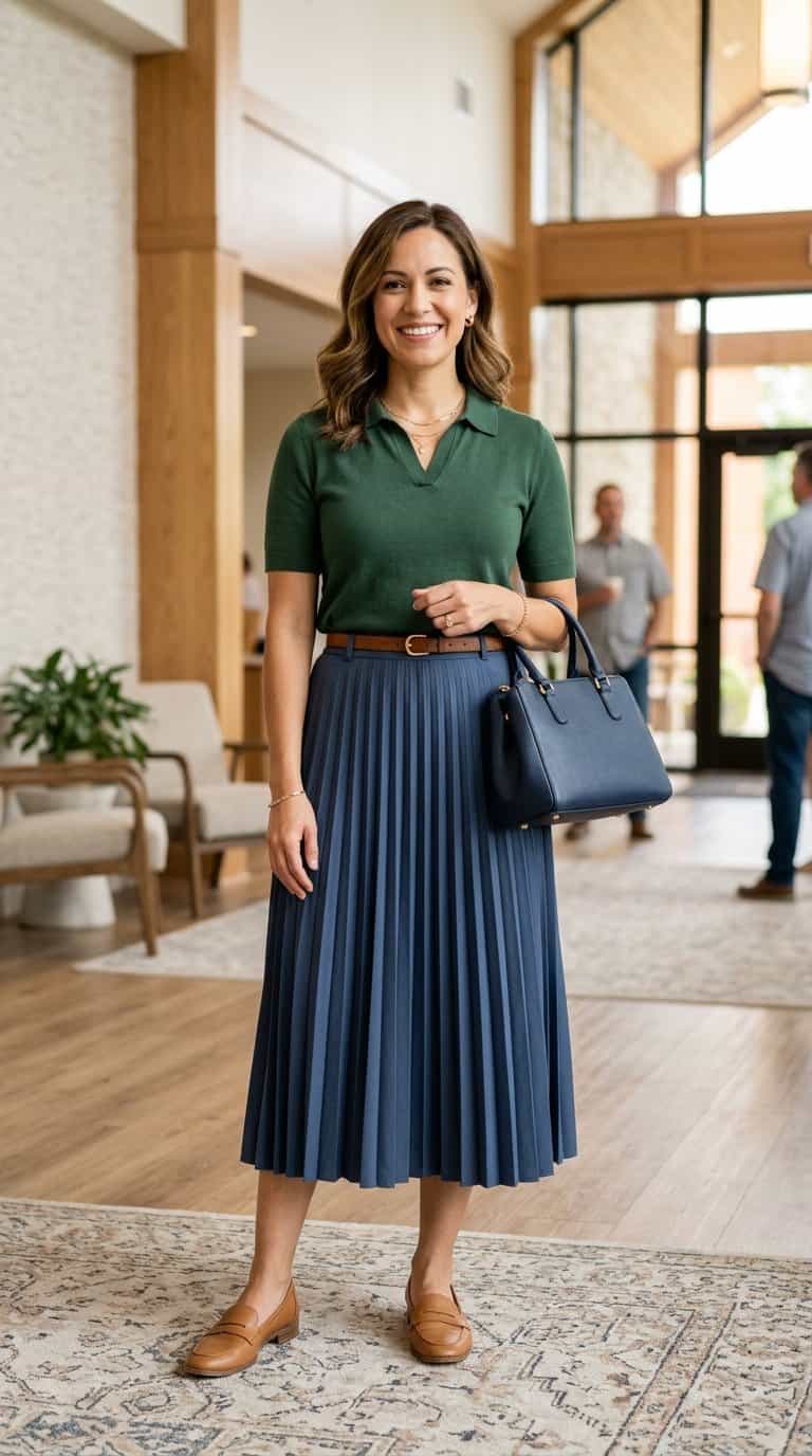 A woman wearing a pleated midi skirt and knit polo shirt stands inside a bright church.