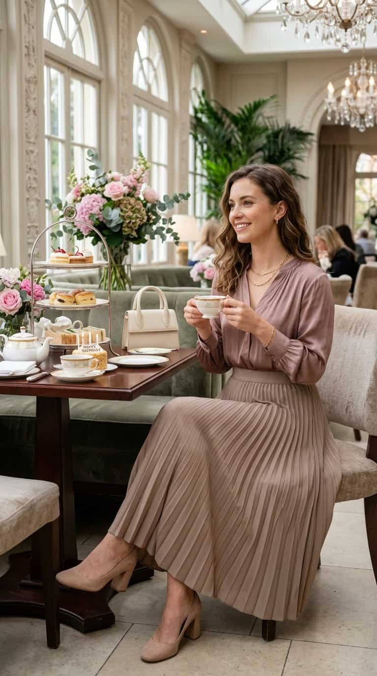 A woman in a pleated skirt and silk blouse enjoying an elegant afternoon tea setting.