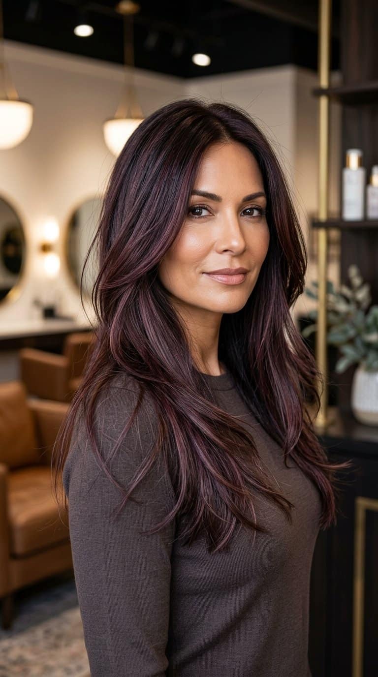 A woman with long dark brown hair featuring subtle plum highlights poses in a softly lit modern salon.