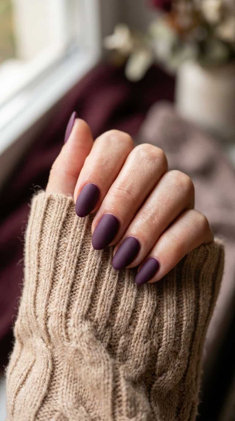 A hand with deep plum matte nail polish resting on beige fabric.