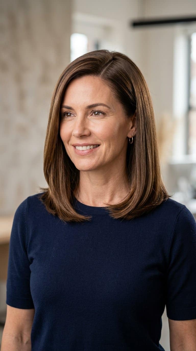 A woman with shoulder-length hair poses against a softly lit neutral background.