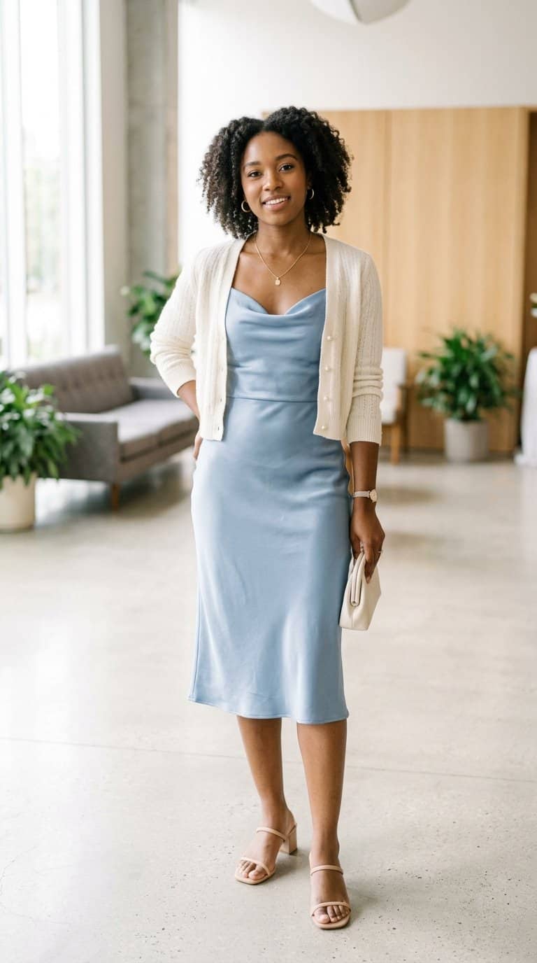 A graduate wearing a powder-blue slip dress and cropped cream cardigan stands in a bright indoor setting.