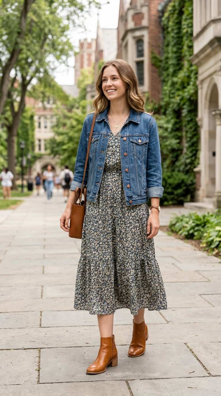 A young woman wearing a printed midi dress and denim jacket on a university campus.