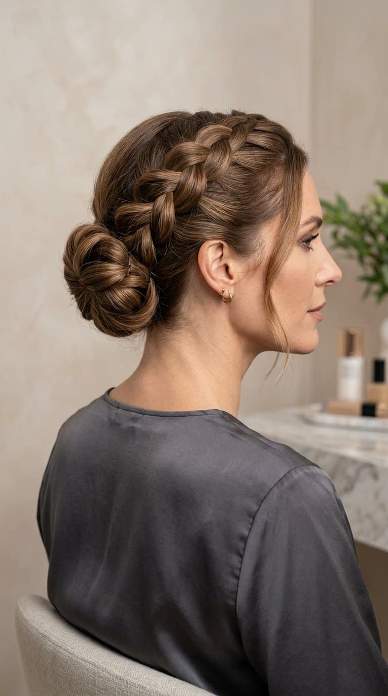 Woman wearing a pull-through braid styled into an updo.