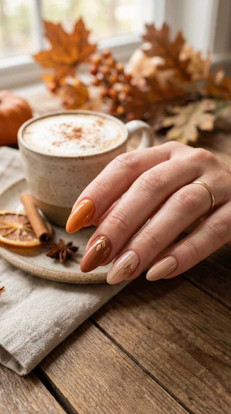 A hand displays almond-shaped pumpkin spice-inspired nails beside a warm seasonal drink and autumn accents.