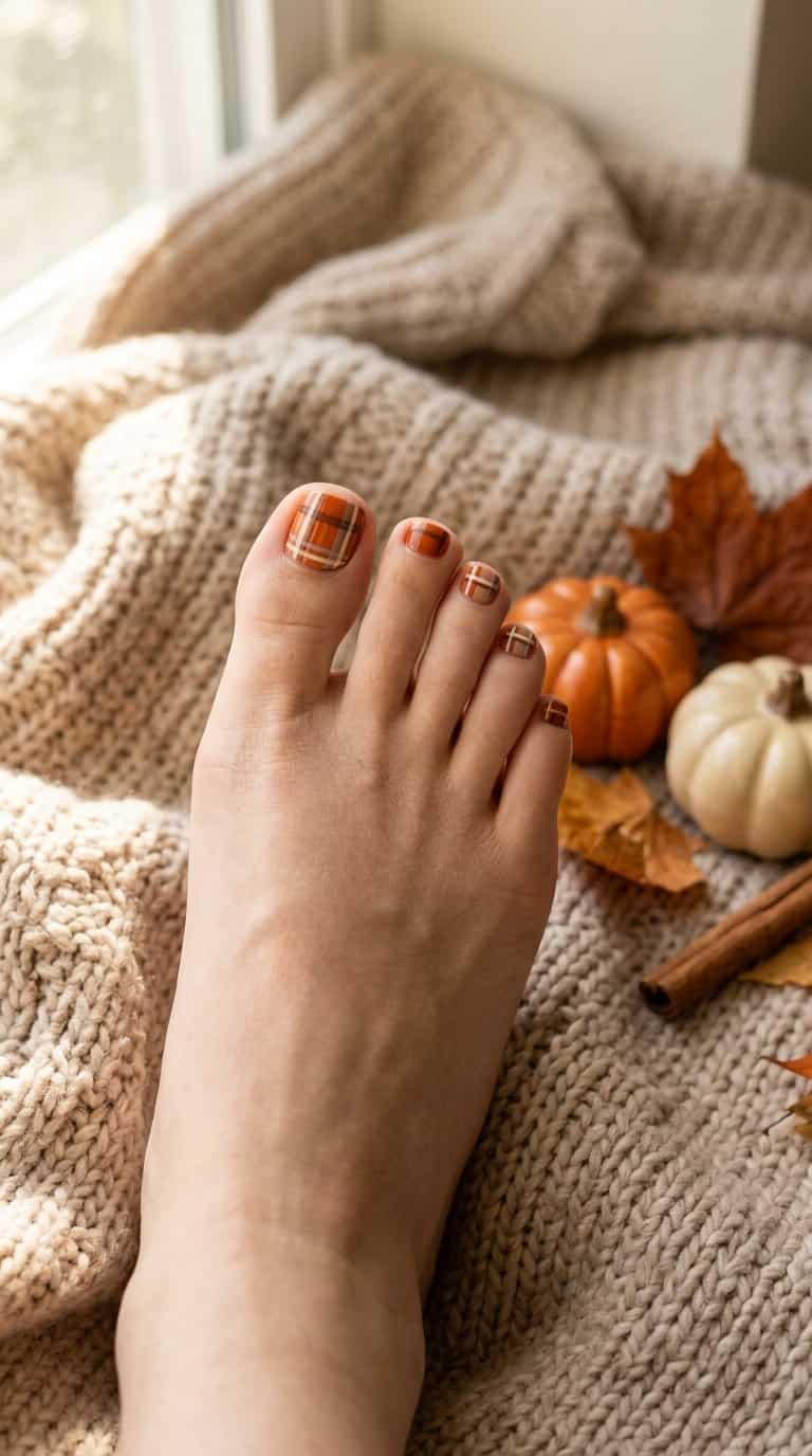 A foot with pumpkin spice plaid toenail designs rests on a cozy beige blanket beside small autumn decorations.