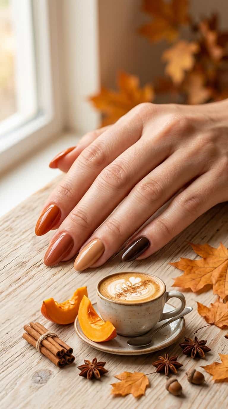 A hand with warm pumpkin-spice colored manicured nails rests beside a latte, pumpkin slices, cinnamon sticks, and autumn leaves.