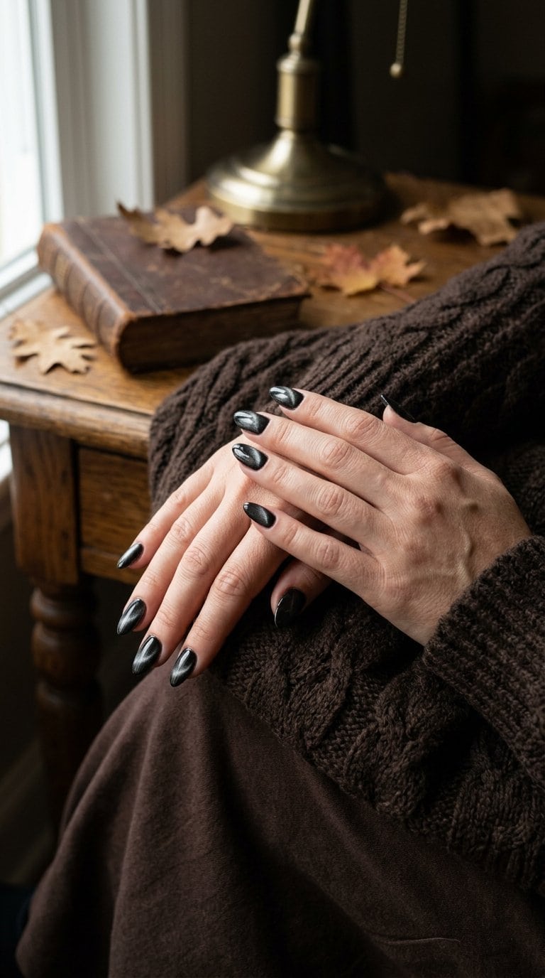 A hand with glossy black cat-eye manicure resting on a dark brown sweater beside autumnal desk objects.