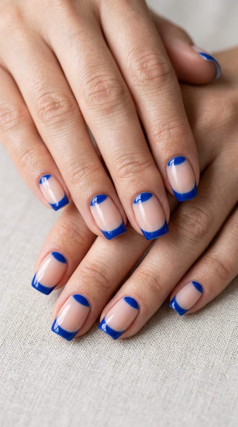 Close-up of manicured hands with glossy nude nails and cobalt-blue curved tips along the cuticles.