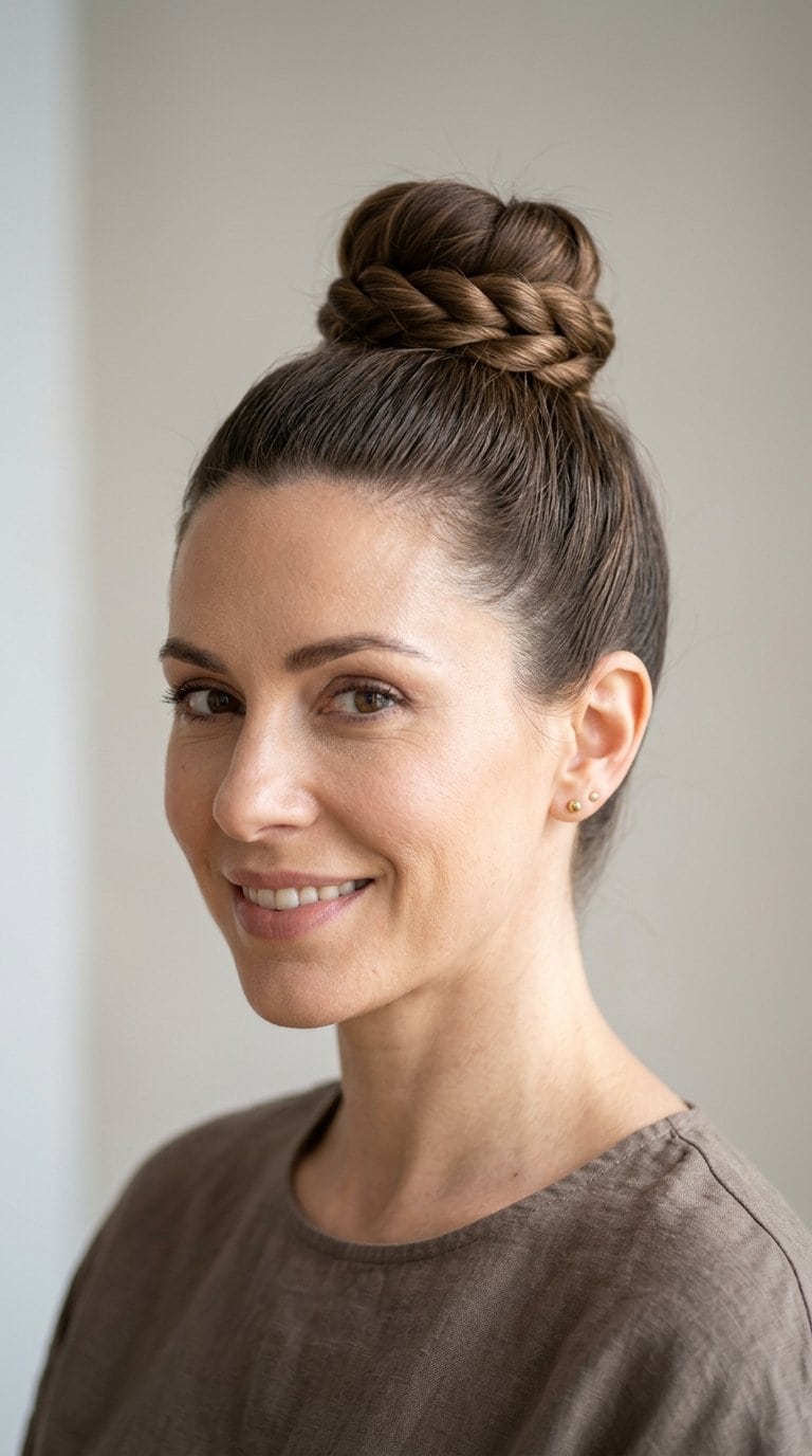 A woman wearing a neatly rope-braided top knot hairstyle.