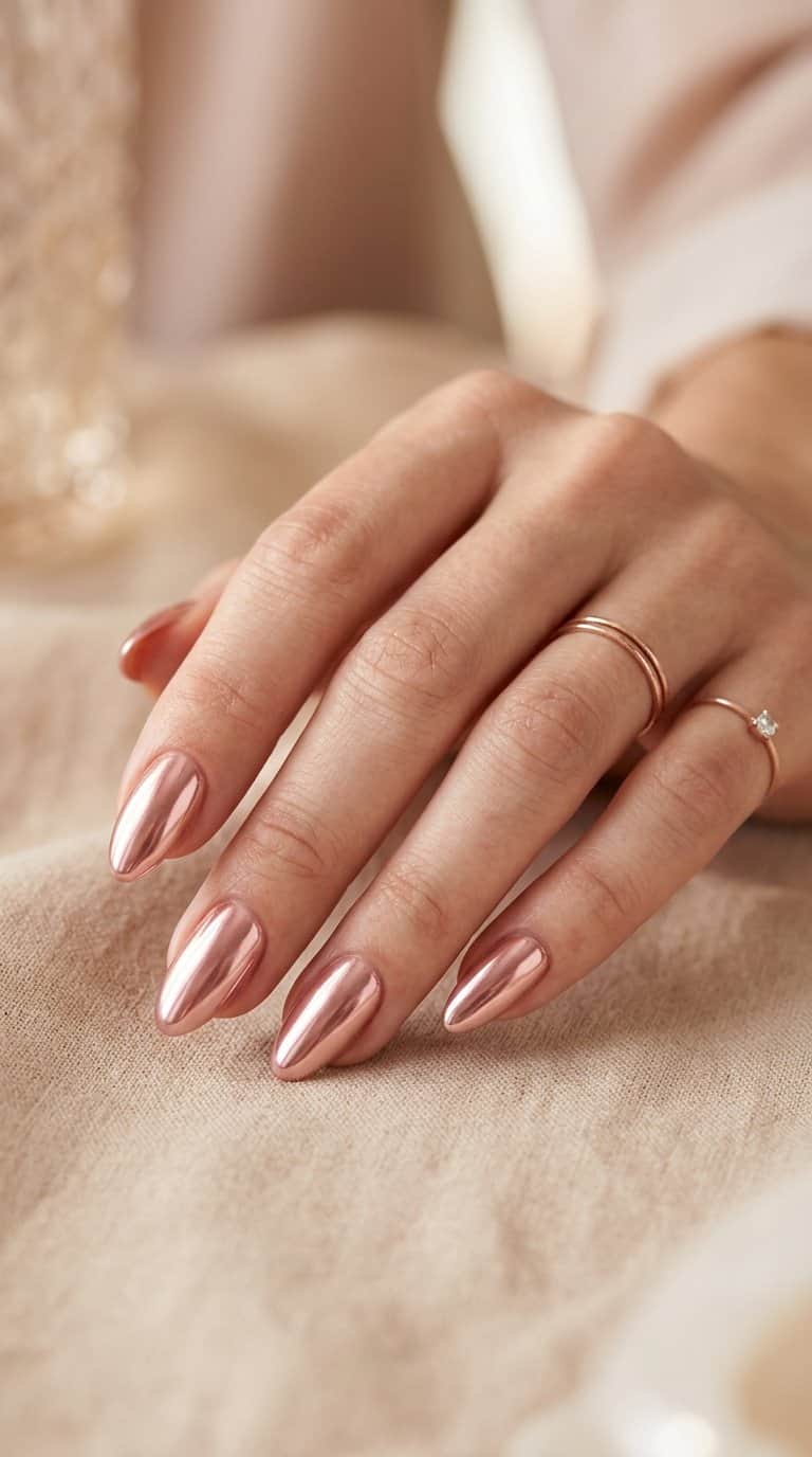 A hand with glossy rose gold almond-shaped nails resting against a soft neutral background.
