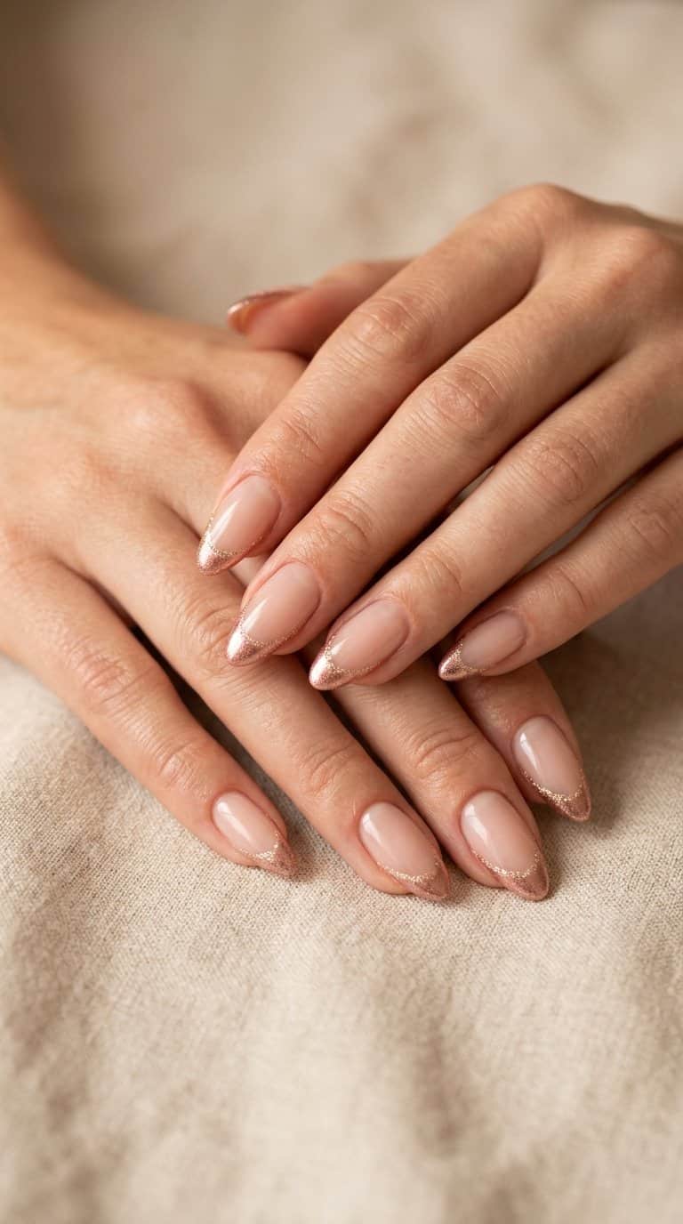A close-up of a hand with nude nails featuring rose-gold French tips and glittering edges.