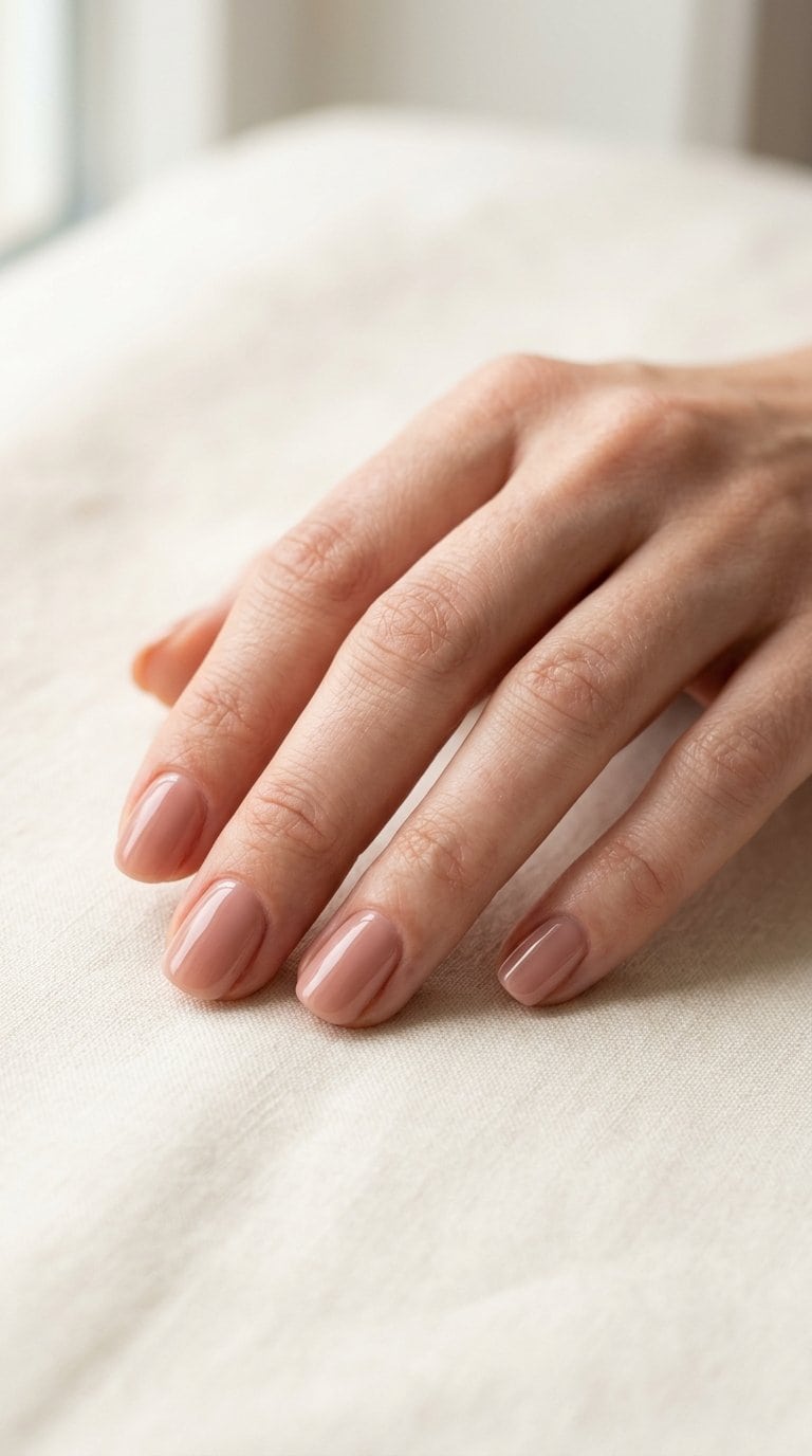 A hand with glossy rosy beige manicured nails resting on a light neutral surface.