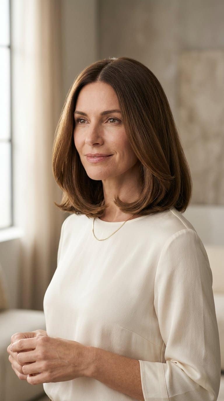 Woman with a smooth shoulder-length rounded bob haircut posing against a neutral background.
