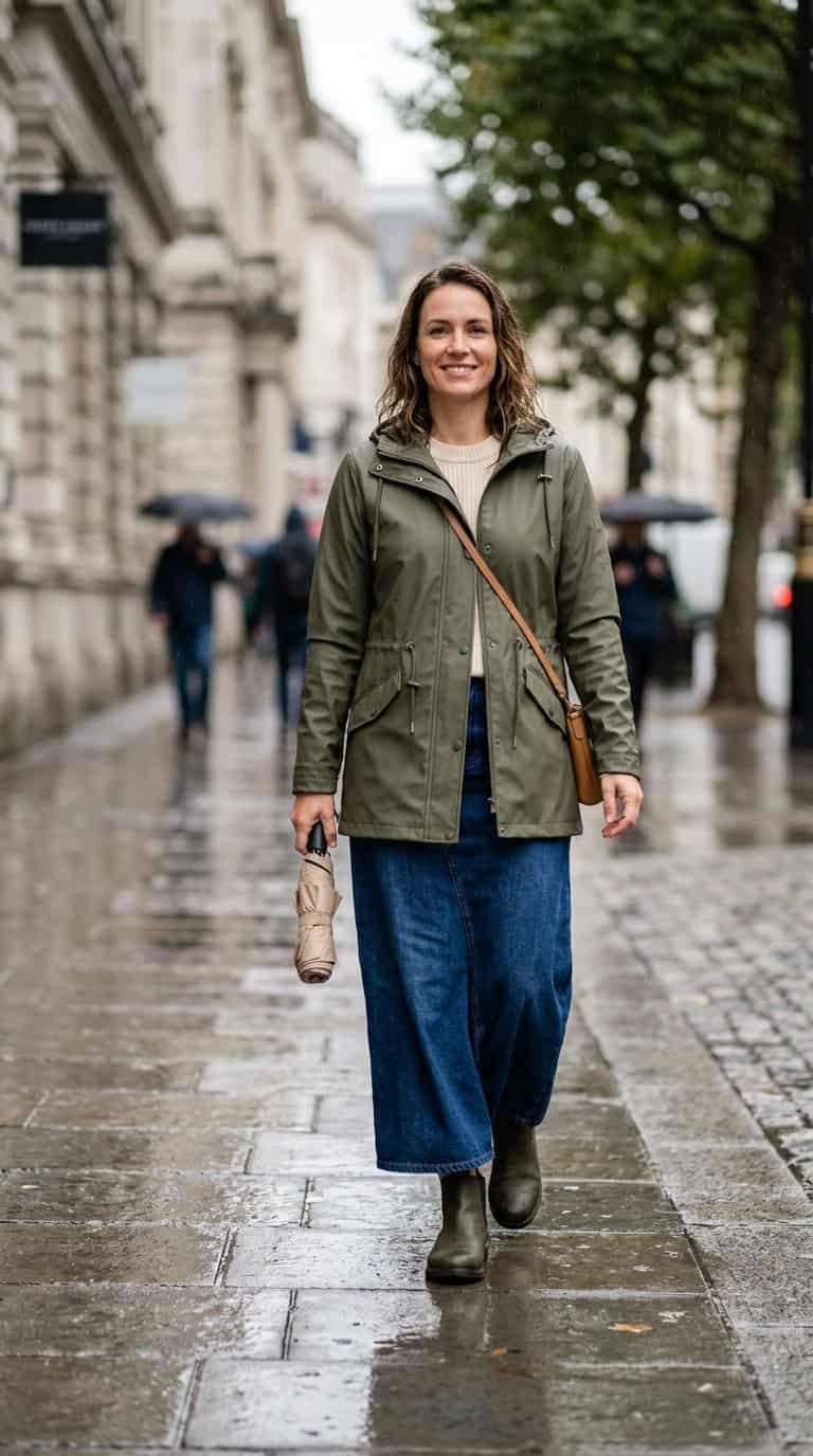 A woman in a green rain jacket and denim maxi skirt stands on a wet city sidewalk in the rain.