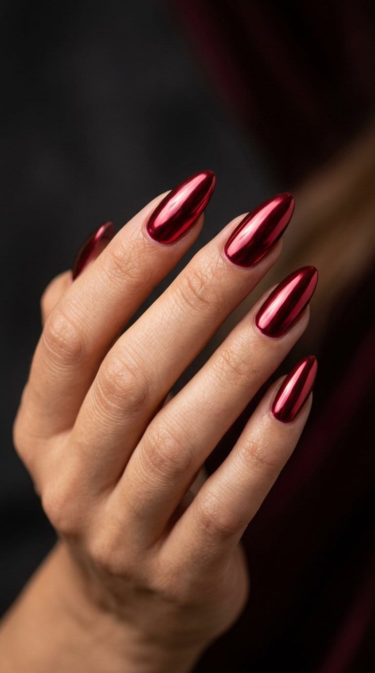 A hand with long almond-shaped ruby-red chrome nails.