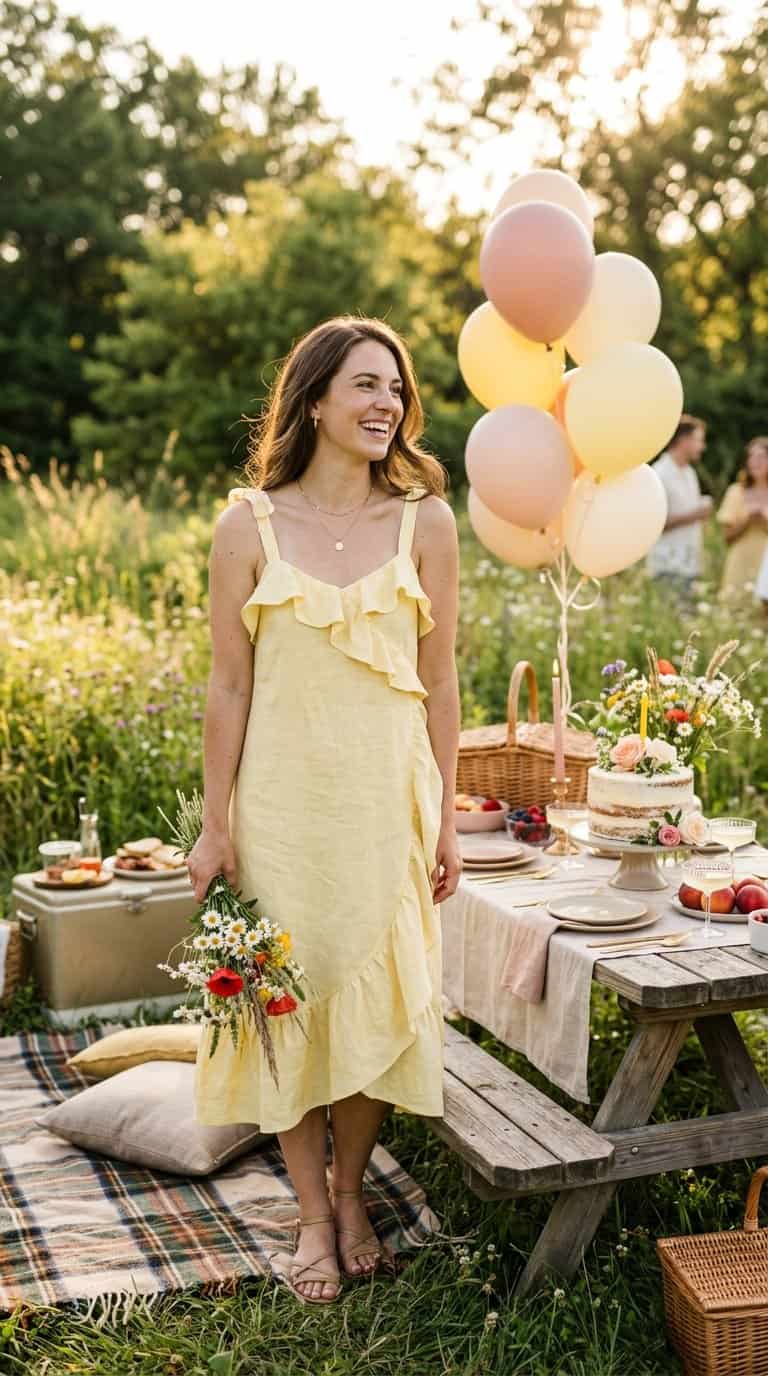A woman in a pastel ruffled sundress celebrates a birthday at a sunny picnic surrounded by flowers, balloons, and a picnic table.