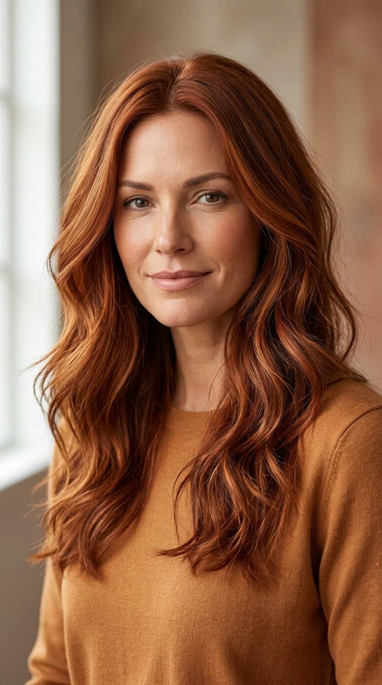 Woman with long wavy rust-colored copper hair posing against a warm neutral background.