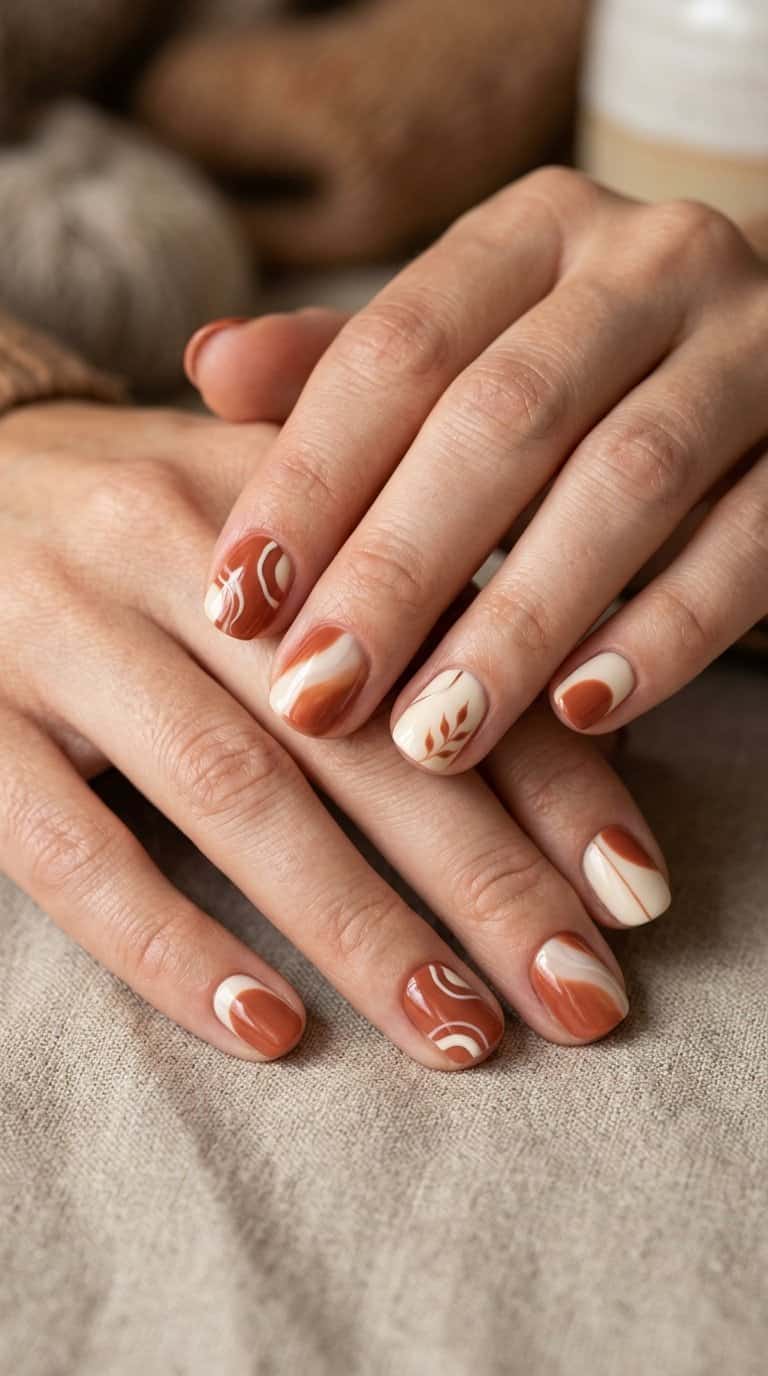 A hand with short nails painted in rust and cream abstract patterns rests on a neutral surface.