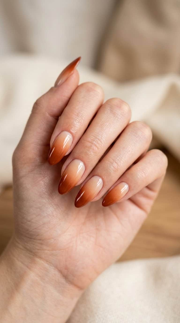 A close-up of hands showing glossy almond-shaped nails with a rust and cream gradient.