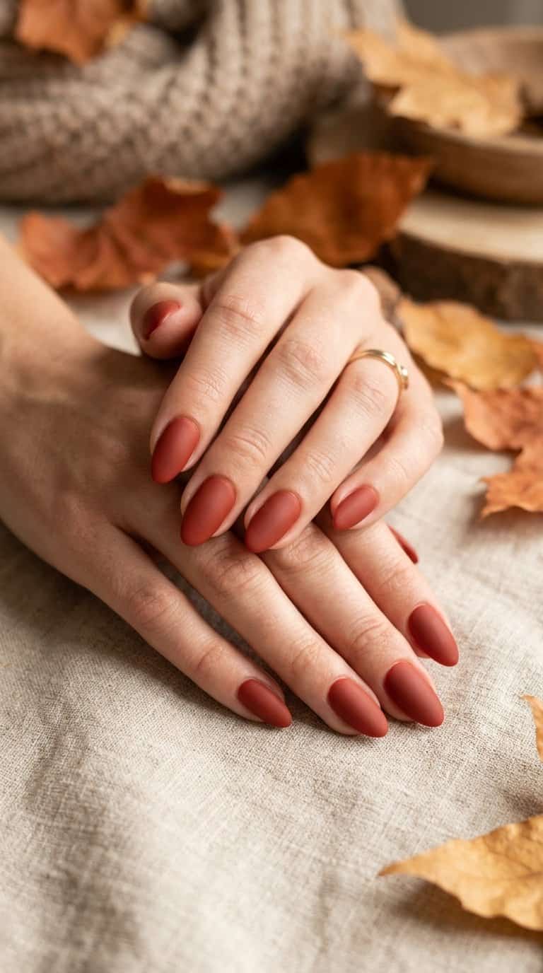 A hand with rust-red matte nails resting on a neutral surface beside autumn leaves.