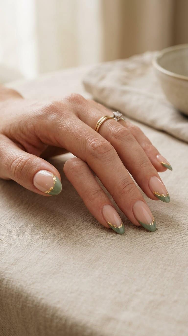 A hand displays almond-shaped nails with sage green French tips and small gold foil accents.