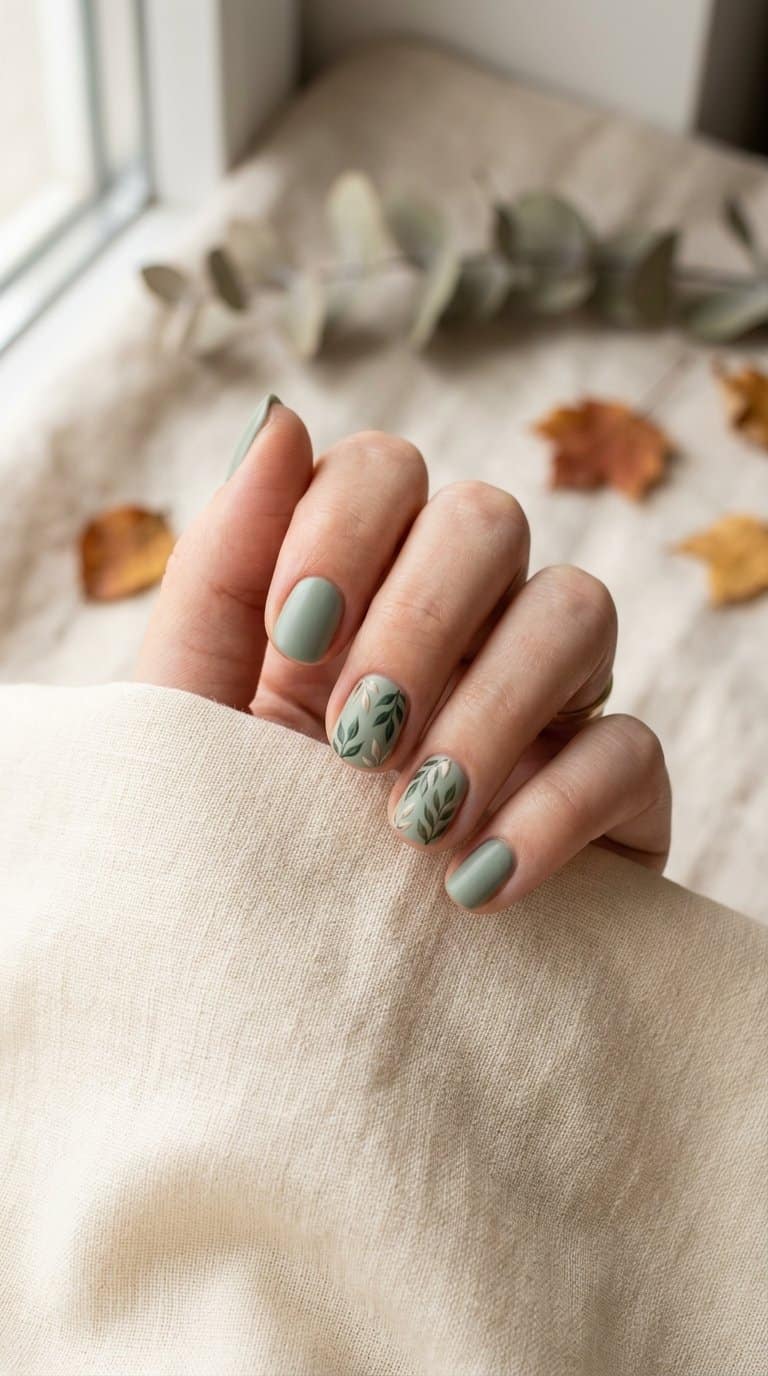 A hand with short sage green nails decorated with delicate leaf accents rests on a neutral surface.