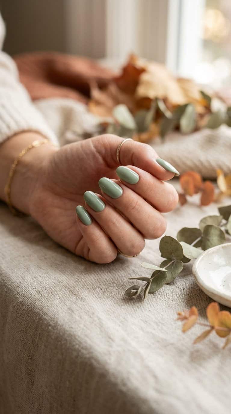 A hand with neatly manicured sage green nails resting beside dried eucalyptus leaves and neutral autumn decor.