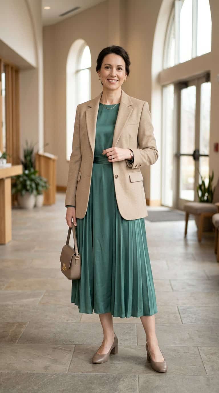 A woman in a satin midi dress and tailored blazer standing in a bright church foyer.