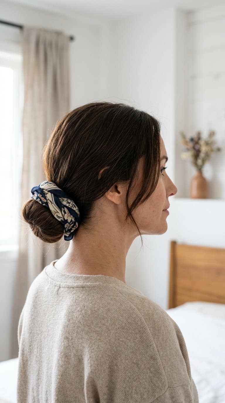 Woman wearing a scarf-wrapped low bun hairstyle.