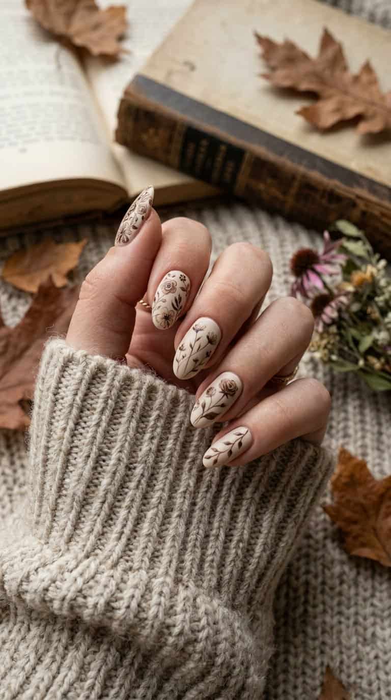 A hand with sepia floral nail art resting on a knitted sweater beside an open book and autumn leaves.