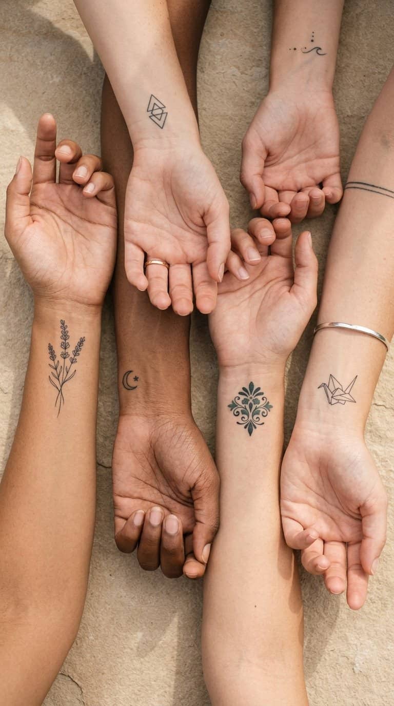 Several adult hands and wrists display a variety of small tattoos on a neutral surface.