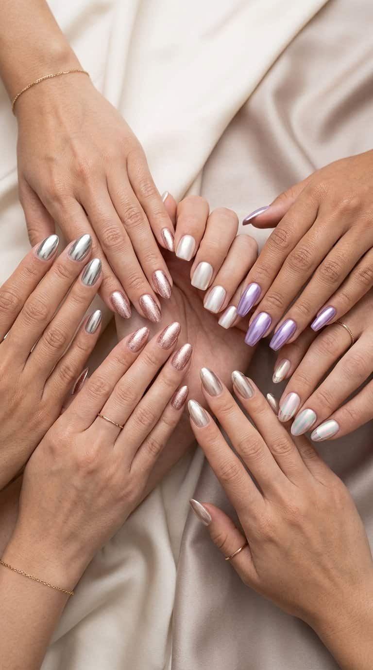 Several hands display a variety of reflective chrome manicures on a pale neutral surface.