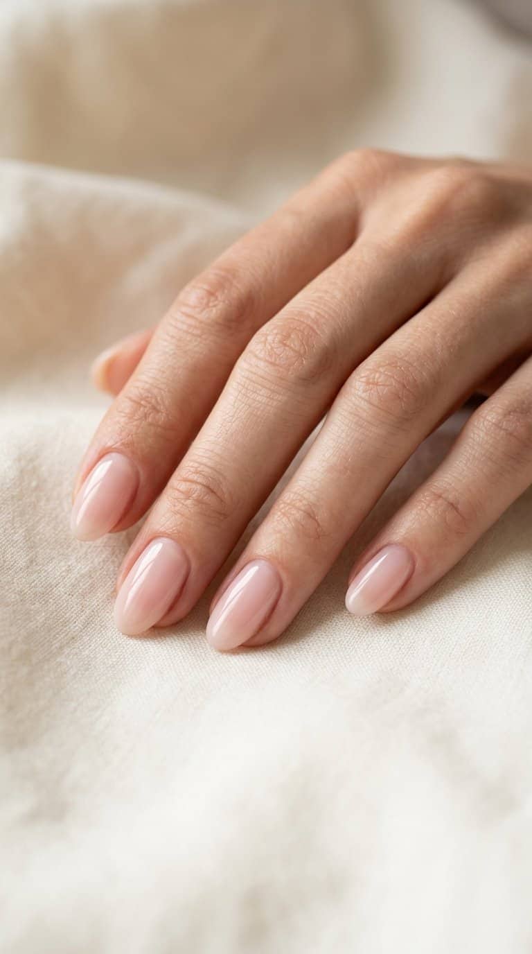 A close-up of neatly manicured hands with translucent milky pink glossy nails resting on a light neutral surface.
