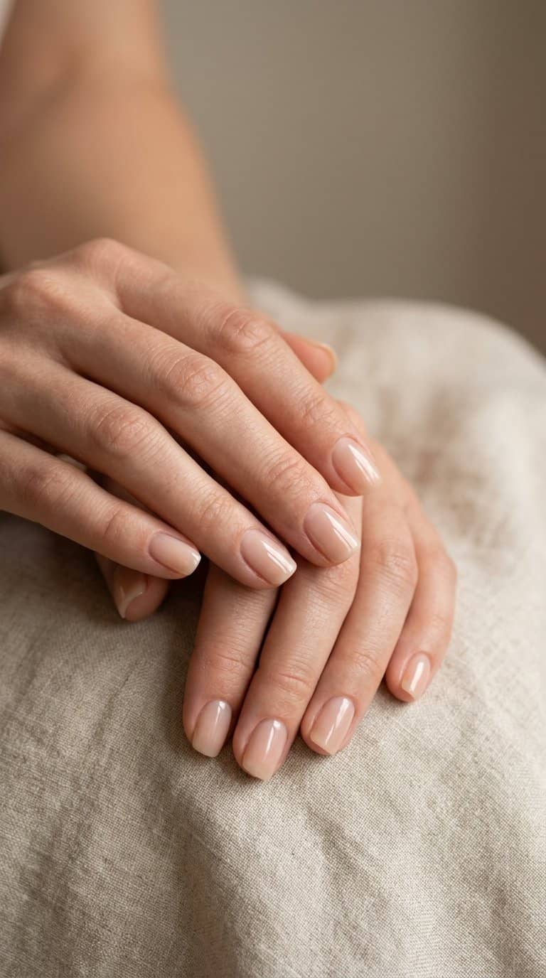 Hands with short, glossy sheer nude nails resting on a neutral surface.