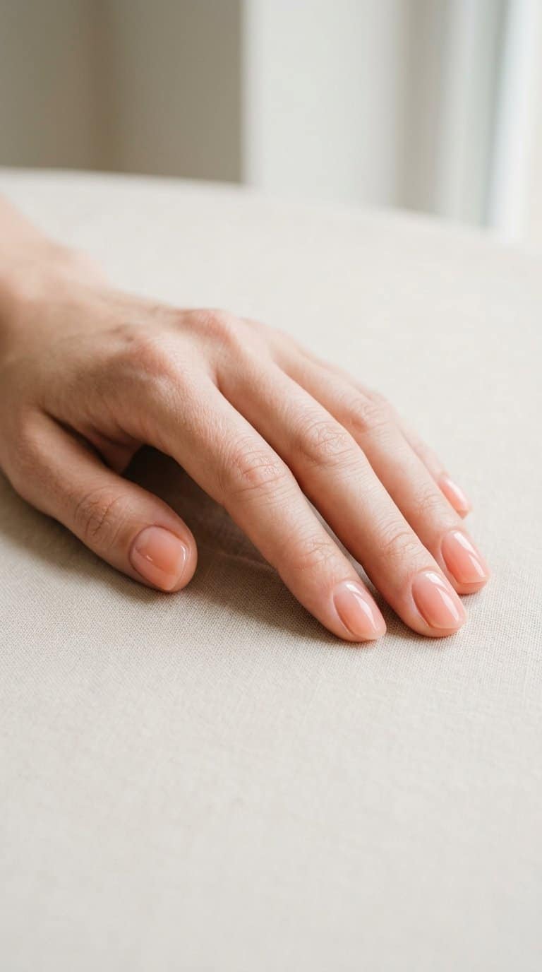 A hand with glossy sheer peach-colored nails resting on a light surface.