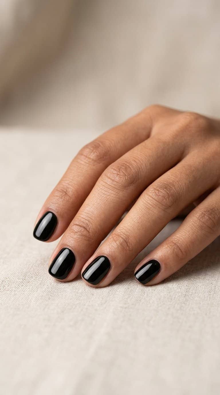 A hand with short, glossy black-painted nails resting on a neutral surface.