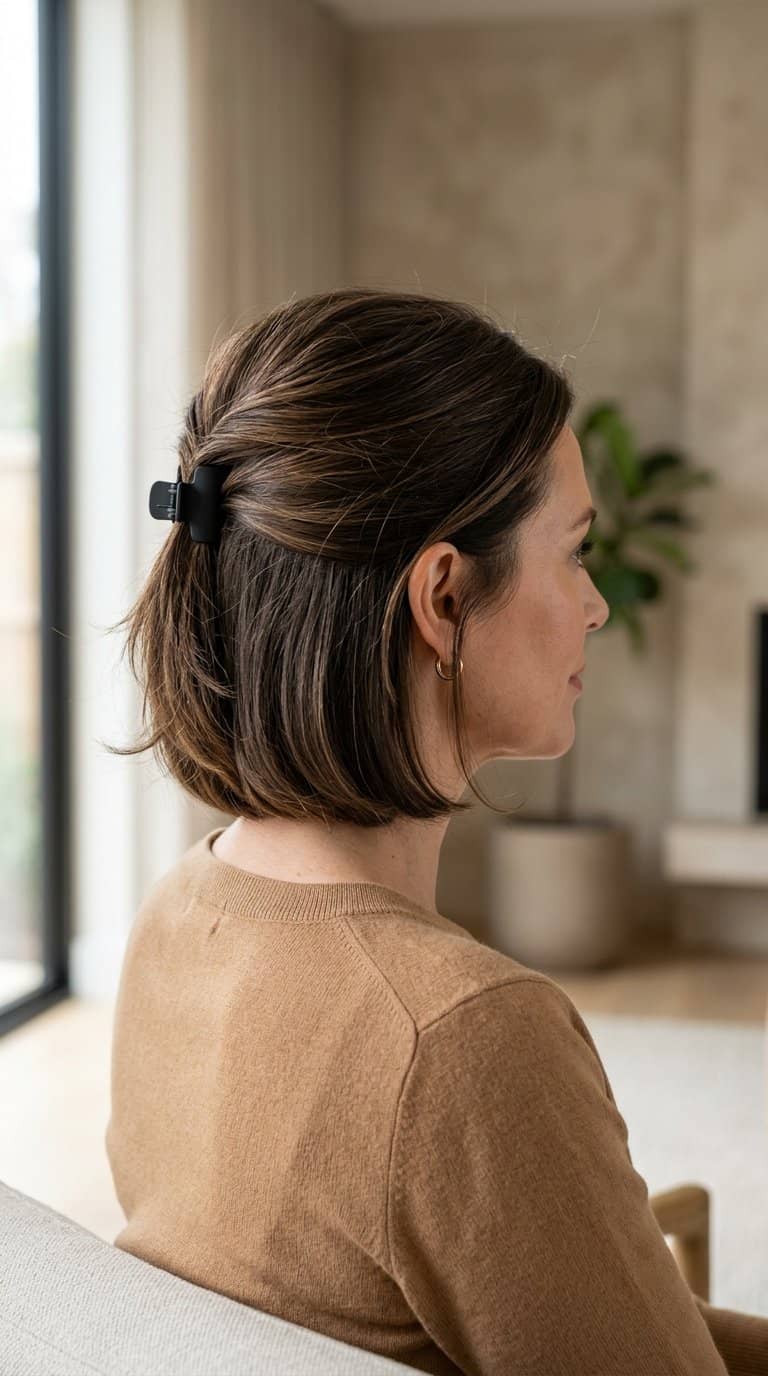 A woman with a short bob haircut wears the top section of her hair gathered with a small clip.