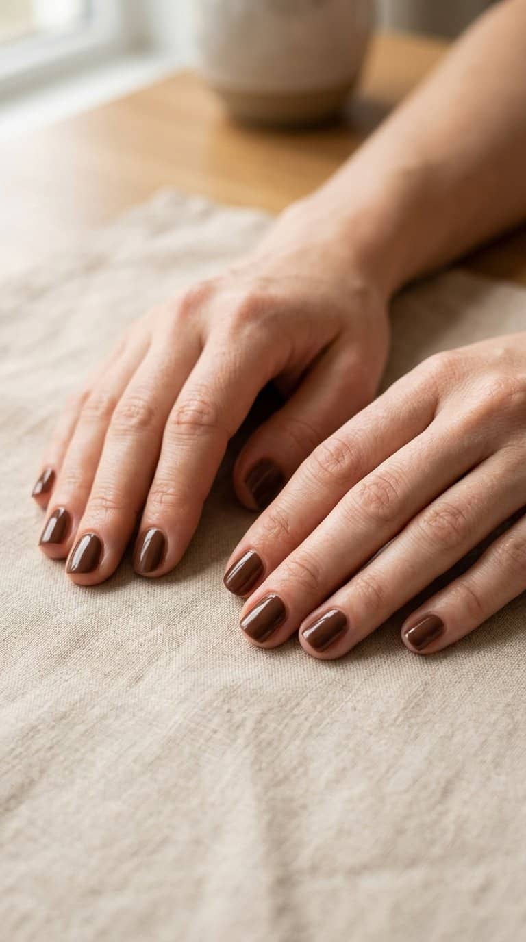 A close-up of neatly manicured short nails painted a solid chocolate-brown color.