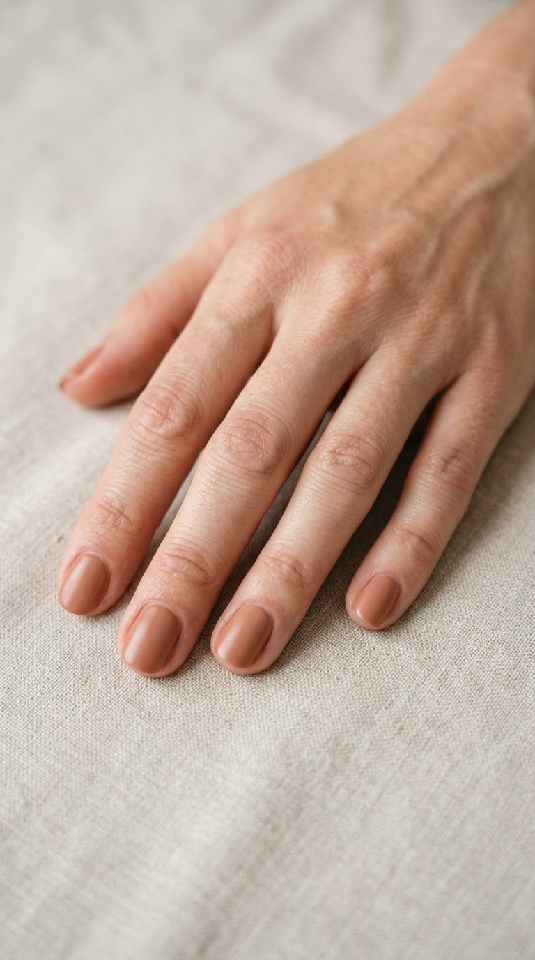 A hand with short nails painted a muted clay color resting on a light neutral surface.
