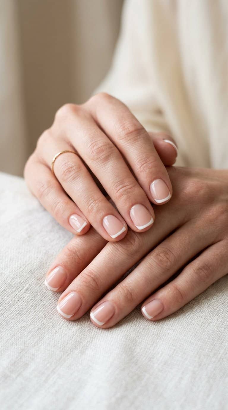 Hands with short French tip nails resting on a light neutral surface.