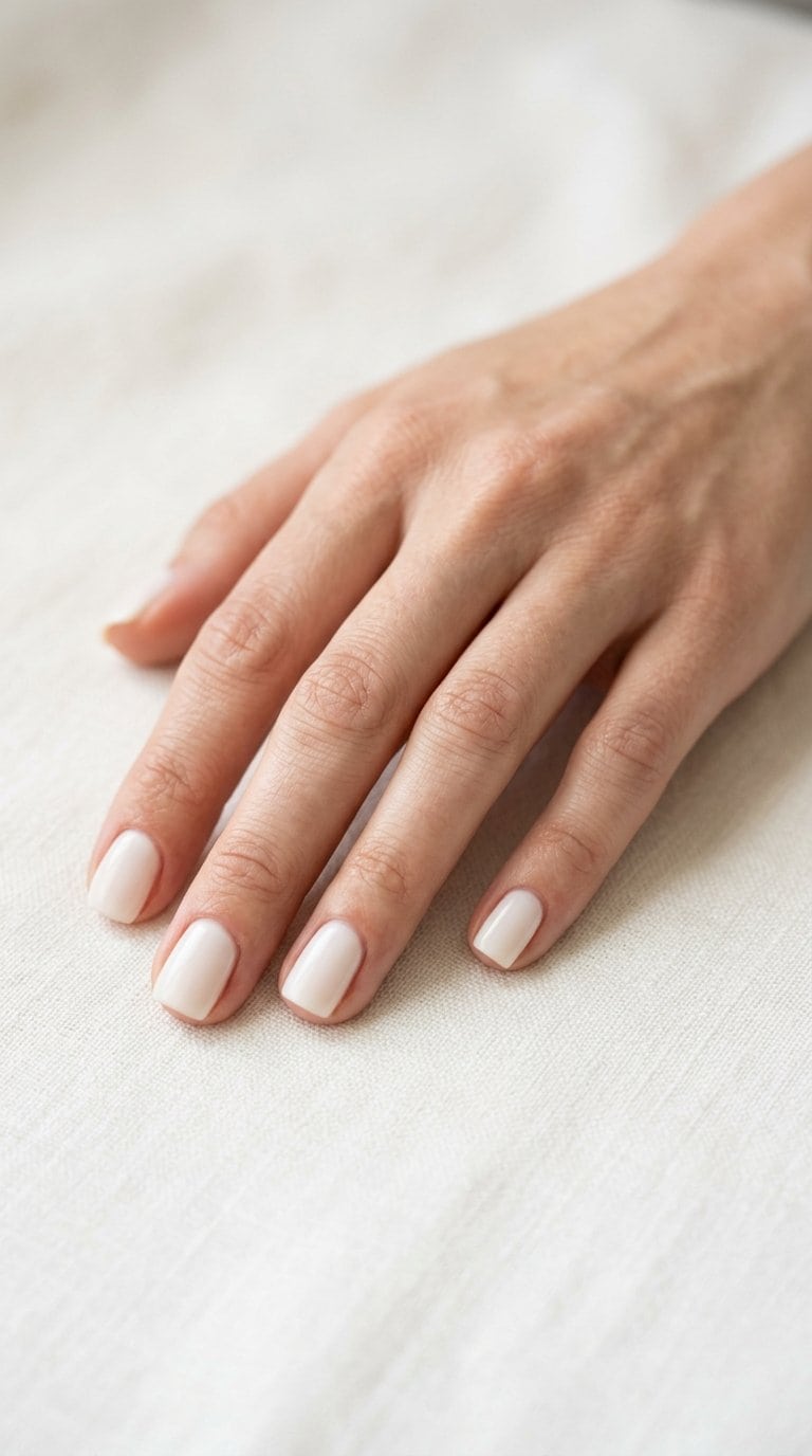 A hand with short, neatly shaped milky-white nails resting on a light surface.