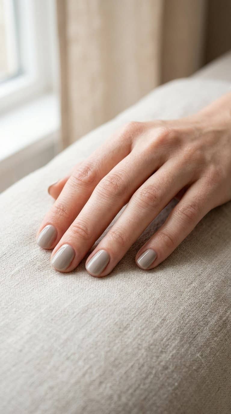 A hand with short, rounded nails painted a soft greige color rests on a light neutral surface.